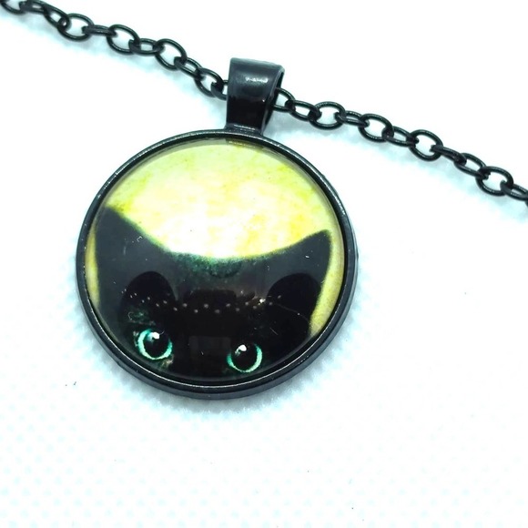 Halloween Black Cat Necklace Medallion Peeking Kitten Pendant Cat Lady Jewelry - Picture 8 of 10